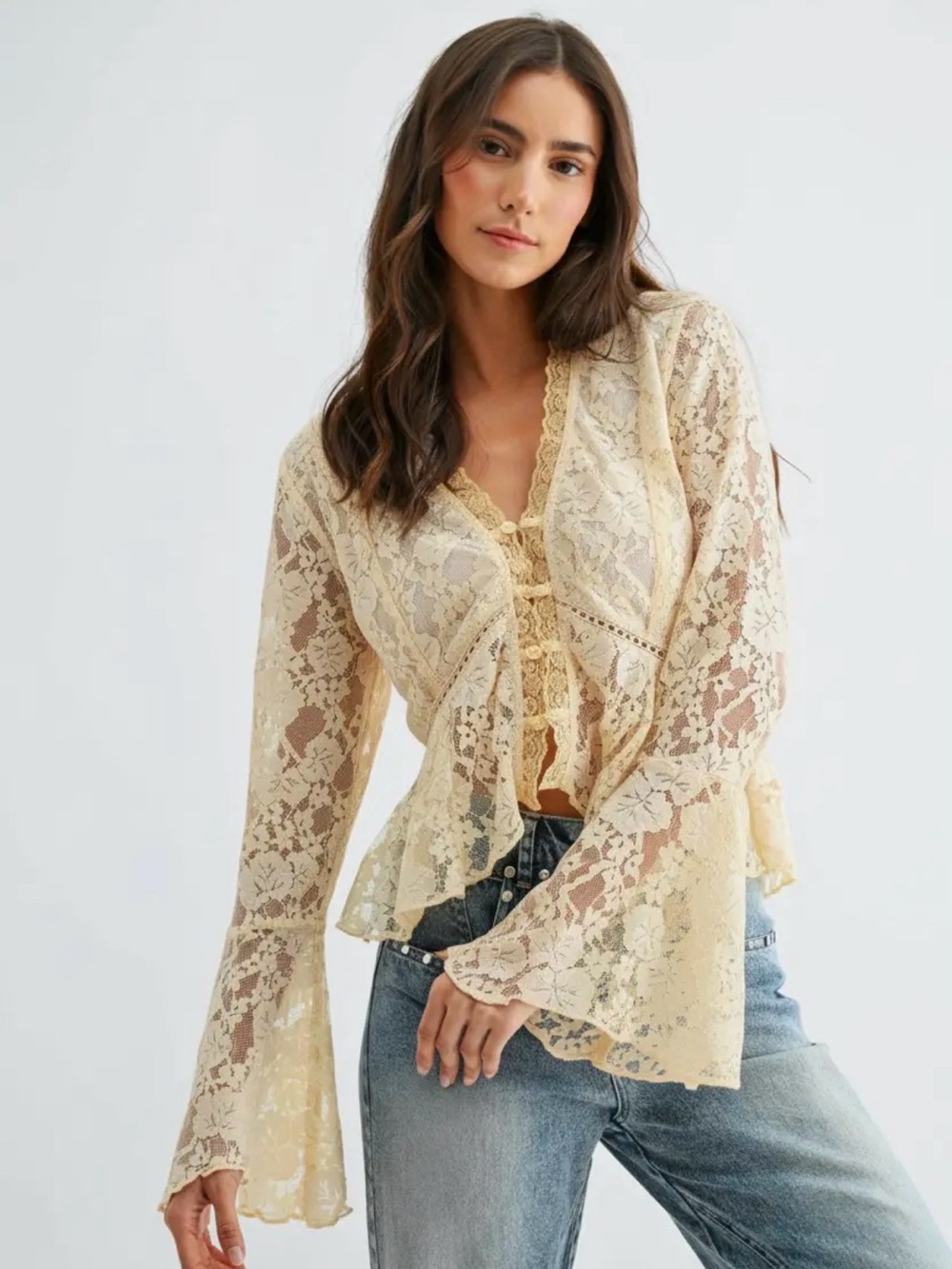 Lace Peplum Button-Front Blouse in Cream - Picture 2 of 10